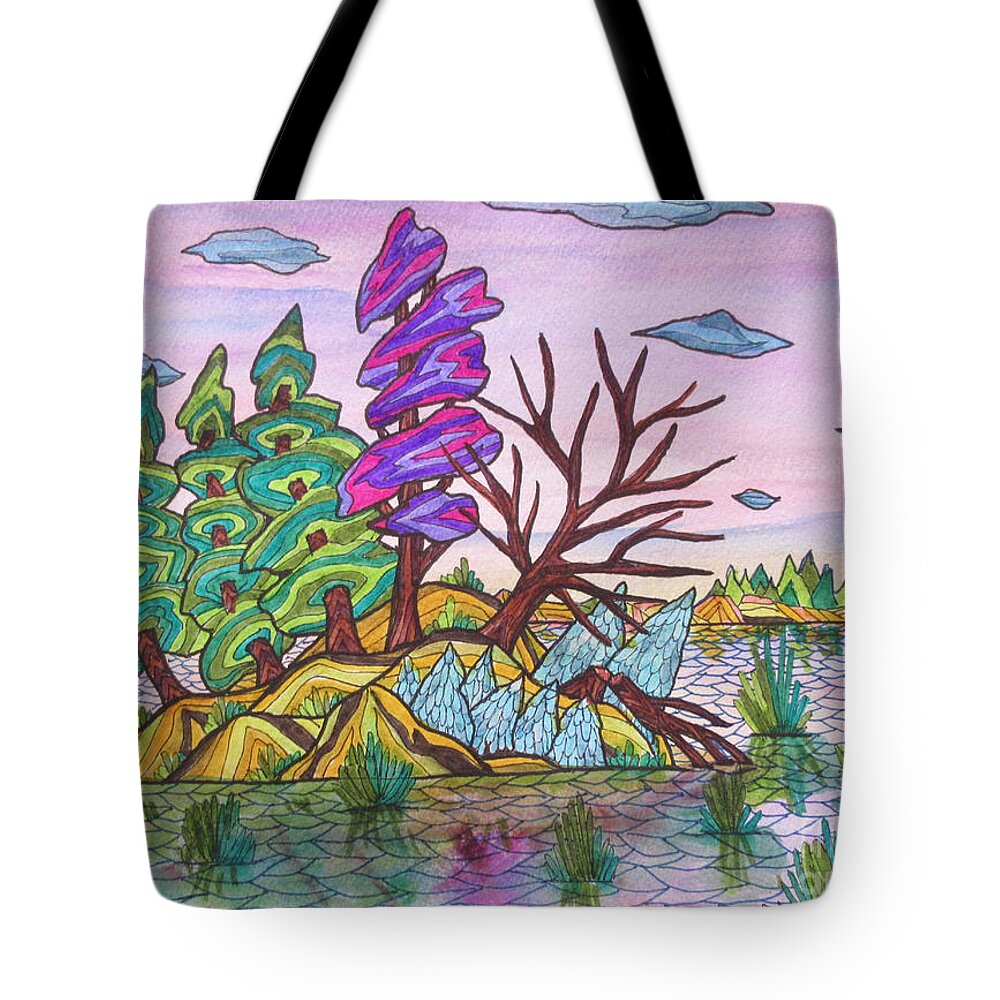 Island Trees Landscape Canada Canadian Abstract Lobby Mask Towel Pillow Cushion Office Lobby Tote Bag featuring the painting Purple Tree Island by Bradley Boug