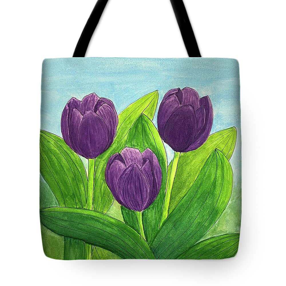 Purple Tote Bag featuring the mixed media Purple Tulips by Lisa Neuman