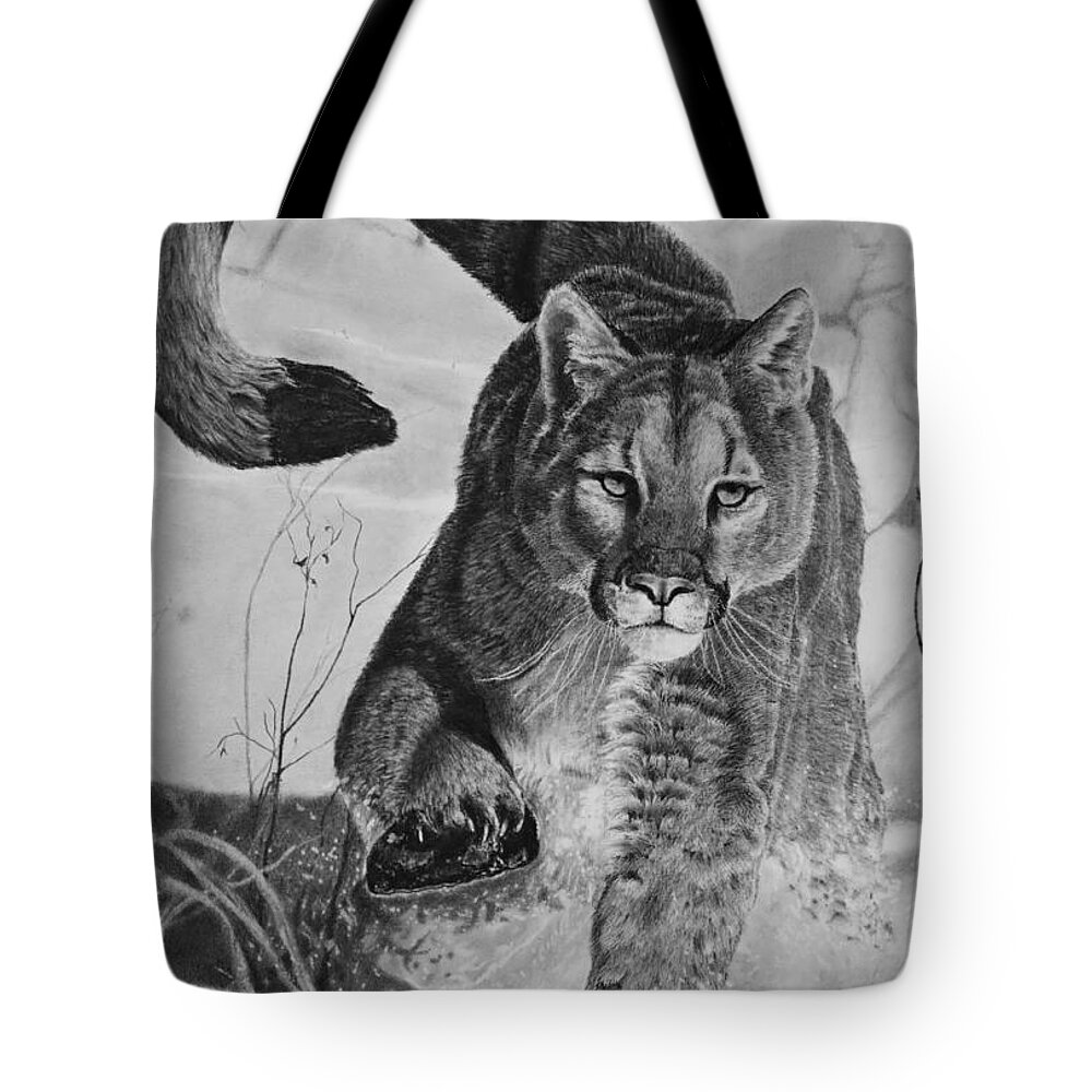 Mountain Lion Tote Bag featuring the drawing Pursuit by Greg Fox