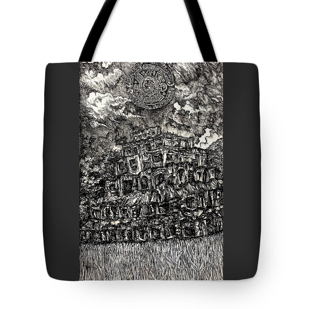 Pen And Ink Drawing Tote Bag featuring the drawing Pyramid of the Seven Stories and The Fifth Sun by Angela Weddle