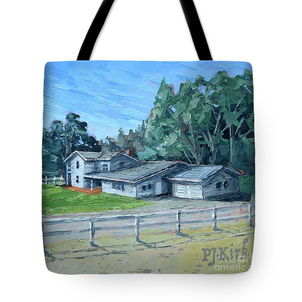 Ben Lomond Tote Bag featuring the painting Quail Hollow Ranch House by PJ Kirk