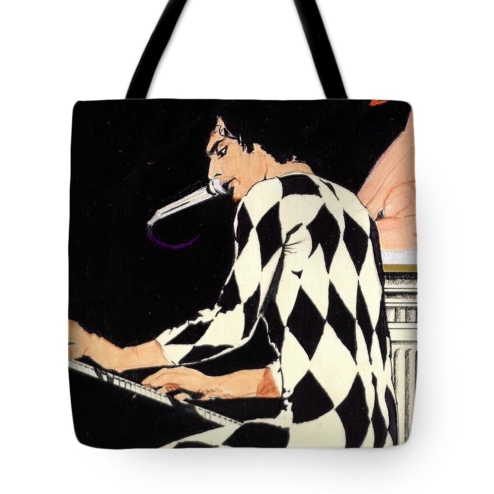 Queen Tote Bag featuring the drawing Queen Live - Freddie Mercury At The Keys - detail by Sean Connolly