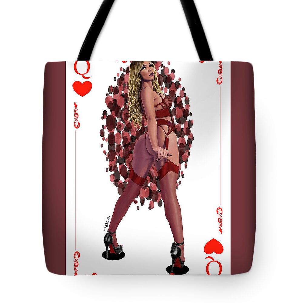 Joe Ogle Tote Bag featuring the digital art Queen of Hearts by Joseph Ogle