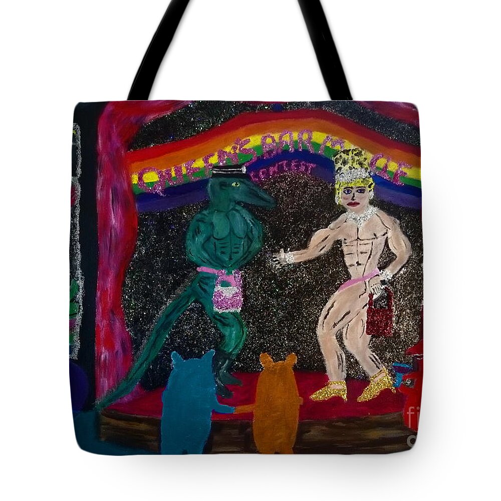 Lgbtq Tote Bag featuring the painting Queens bar muscle contest by David Westwood