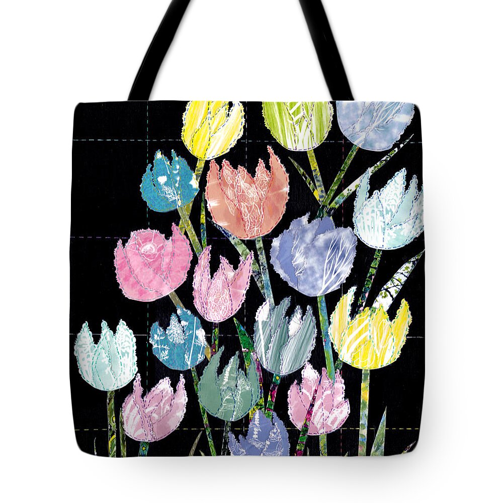 Tulips Tote Bag featuring the mixed media Quilting My Past Recycling My Dreams Tulip Quilt 2 by Conni Schaftenaar
