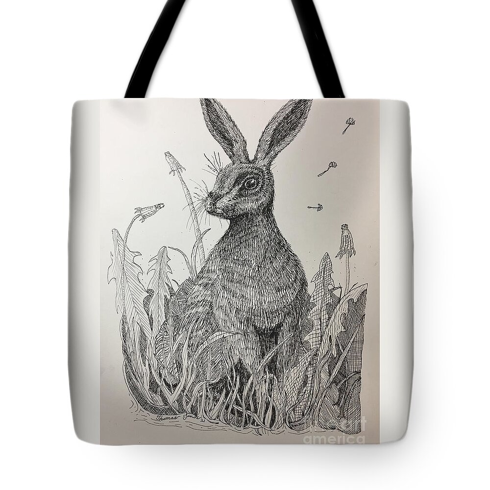 Drawing Tote Bag featuring the drawing Rabbit in a Field by Thomas Janos