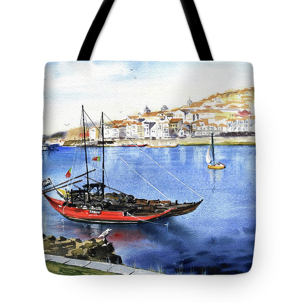 Porto Tote Bag featuring the painting Rabelo Boats With Porto View by Dora Hathazi Mendes