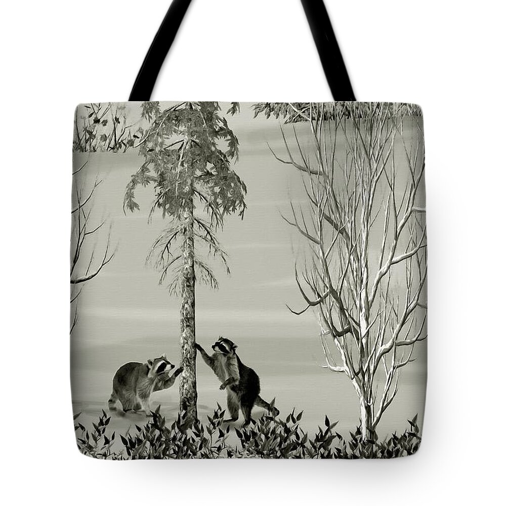 Raccoon Tote Bag featuring the mixed media Raccoons in the Wild Winter Forest by David Dehner