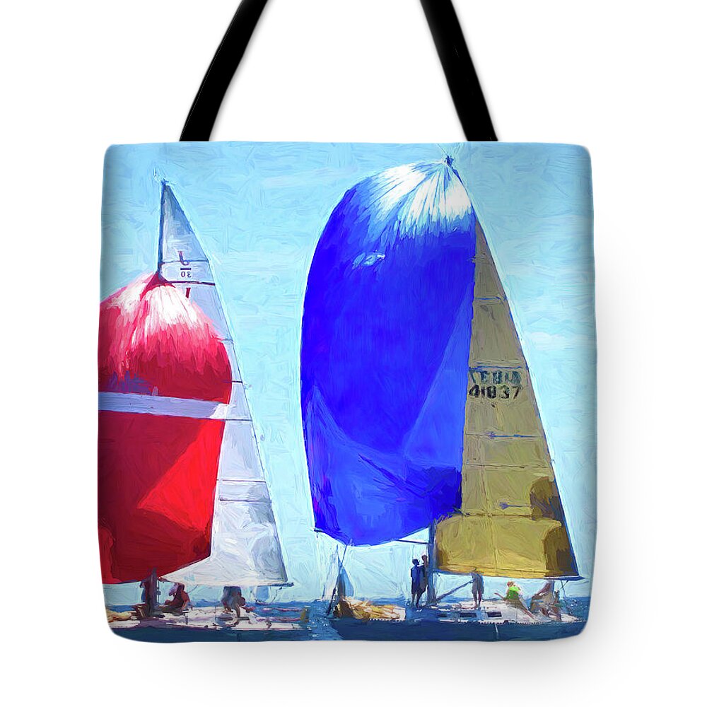 Sail Tote Bag featuring the digital art Race To The Finish by Deb Bryce