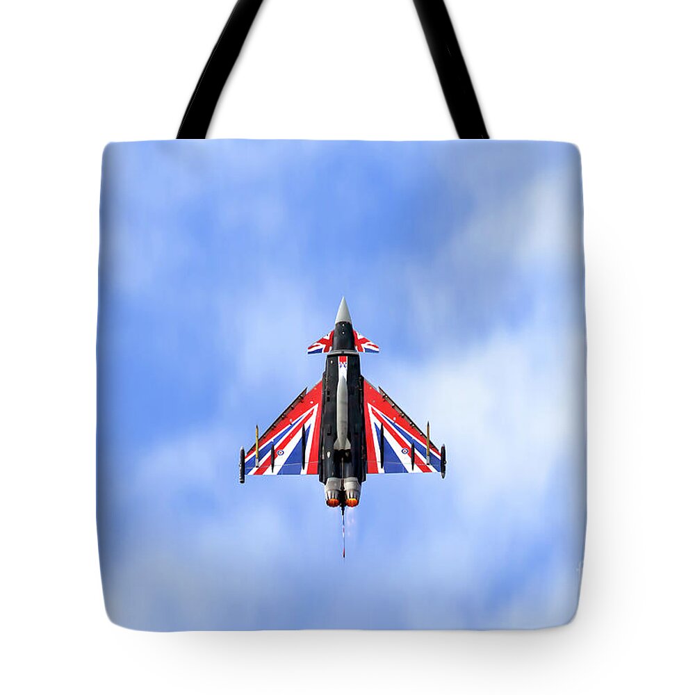Raf Tote Bag featuring the photograph RAF Typhoon Eurofighter union jack flying by Simon Bratt