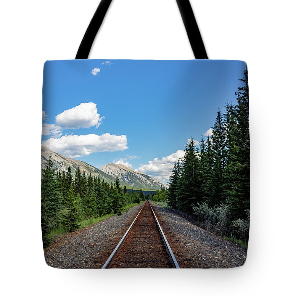 Mountains Tote Bag featuring the photograph Railway through the Rockies by Cindy Robinson