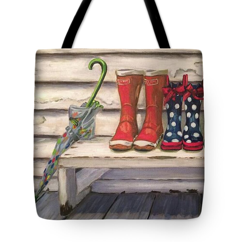 Paintings Tote Bag featuring the painting Rain Boots by Sherrell Rodgers