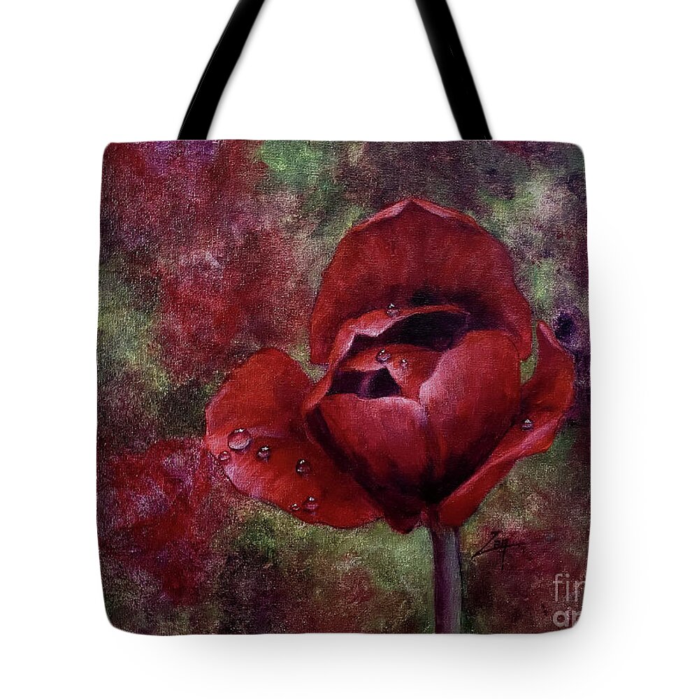 ​bloom Tote Bag featuring the ceramic art Rain Kissed Tulip by Zan Savage