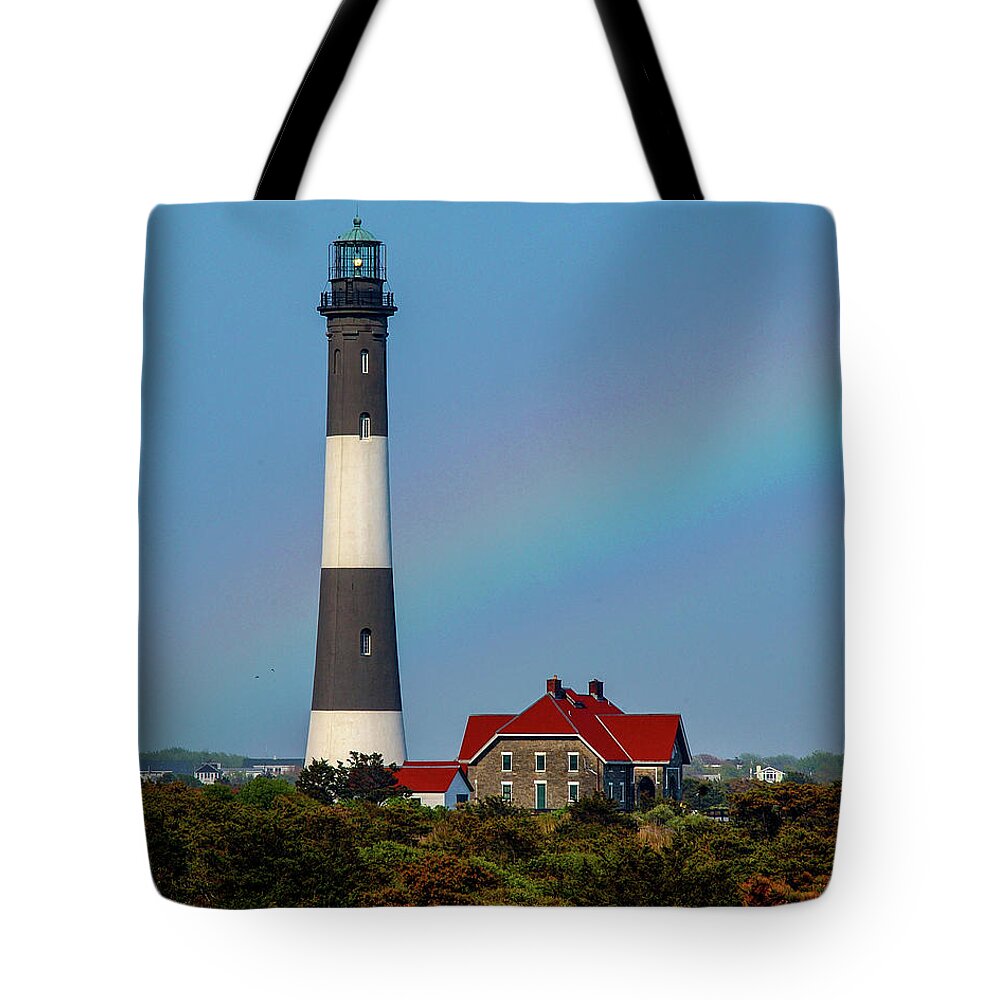 Lighthouse Tote Bag featuring the photograph Rainbow At The Lighthouse by Cathy Kovarik