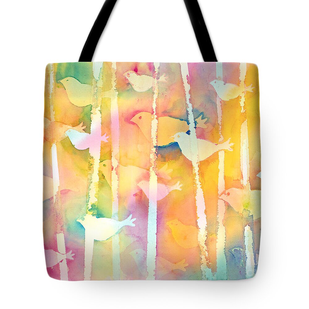 Watercolor Tote Bag featuring the painting Rainbow Birds by Liana Yarckin