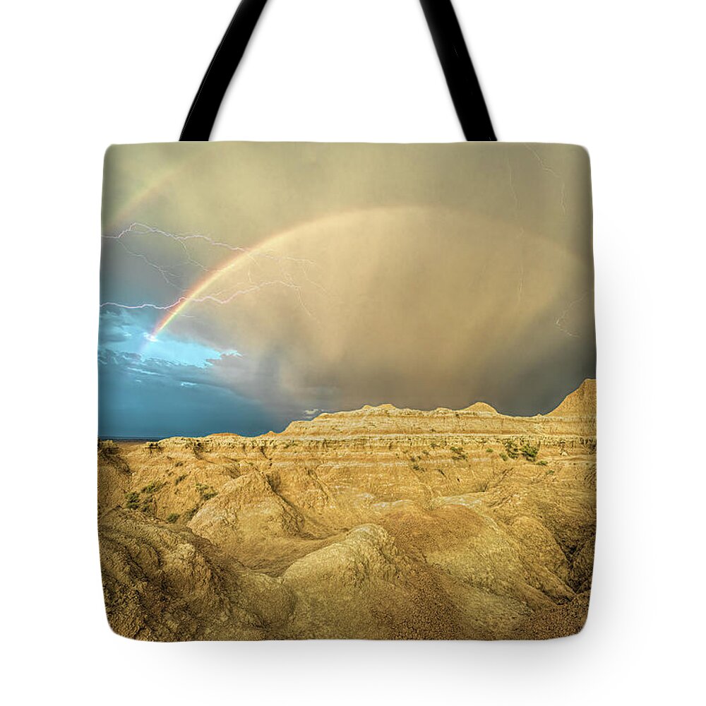 Lightning Tote Bag featuring the photograph Rainbow in the Badlands by Sheen Watkins