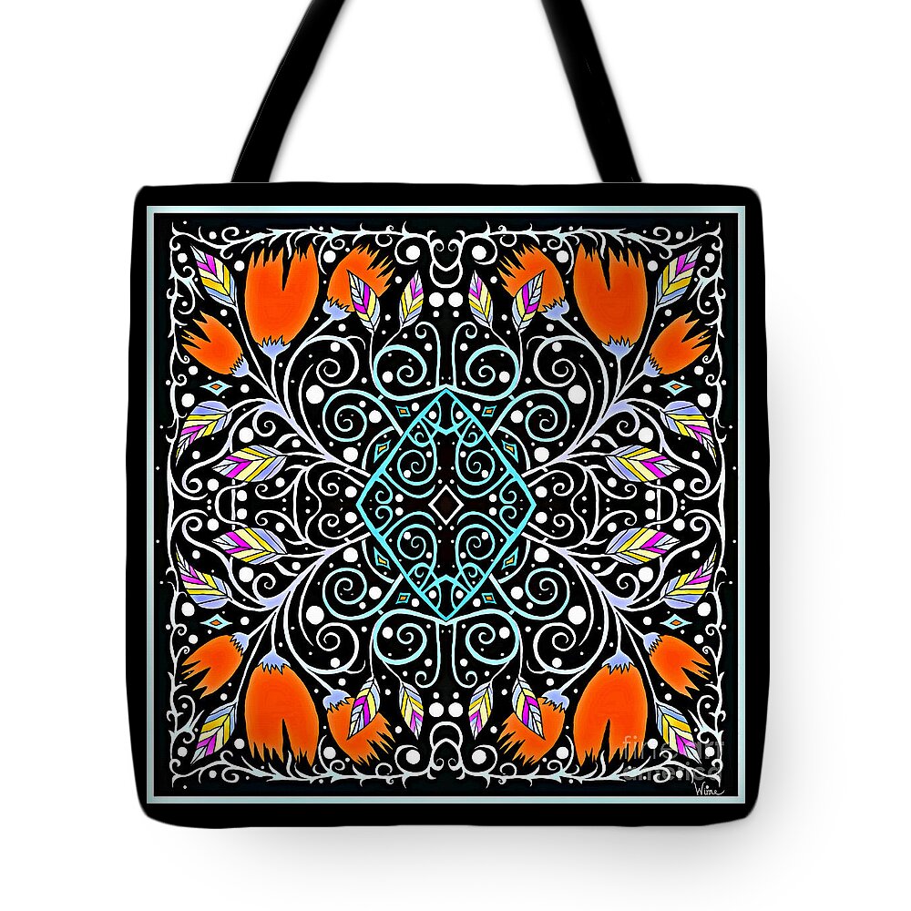Rainbow Tote Bag featuring the mixed media Rainbow Leaves and Orange Flowers Attached to a Turquoise Diamond by Lise Winne