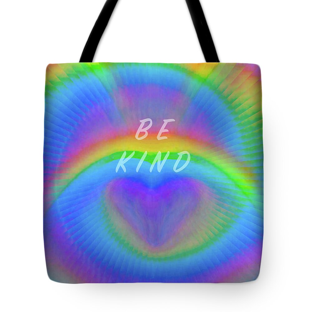 #bekind #bekindtooneanother #ellendegeneres #theellenshow #heart #love #customfacemask #facemask #mask #clothfacemask #facecovering #facemasksforsale #maskforsale #fashionablemask #covidmask #facecover #washablemask #rainbow #rainbowmask #rainbowfacemask #whenitrainslookforrainbows #bearainbowinthestorm #colorful #art #stayathome #nurse #nursegift #doctor #doctorgift #healthcareworkergift #gift #ppe #covid19 #coronavirus #lgbtq #pride #gaypride #togetheralone #nystrong #nytough Tote Bag featuring the digital art Rainbow Love - Be Kind Face Mask by Artistic Mystic