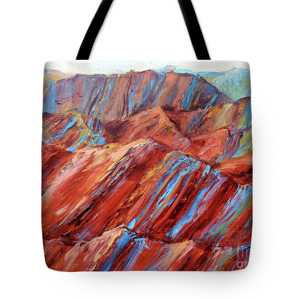 Zhangye Danxia Geological Park Tote Bag featuring the painting Rainbow Mountains by Zan Savage