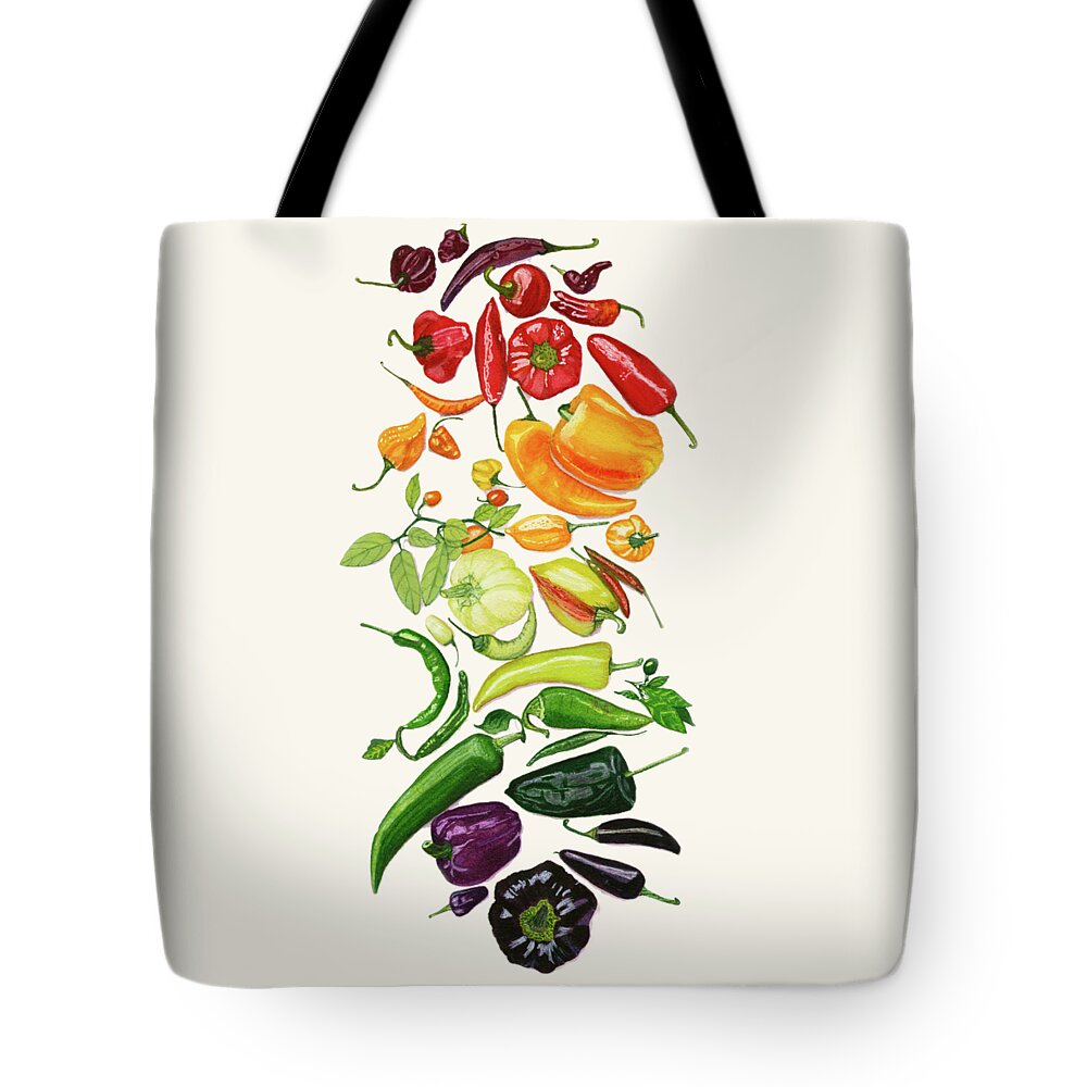 Vegetables Tote Bag featuring the painting Rainbow Of Peppers Watercolor Art Print by Deborah League