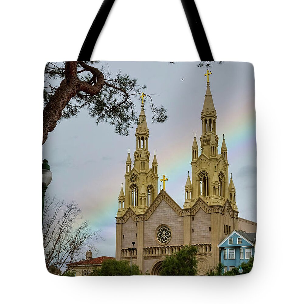 Church Tote Bag featuring the photograph Rainbow Over Saints Peter and Paul Church by Bonnie Follett