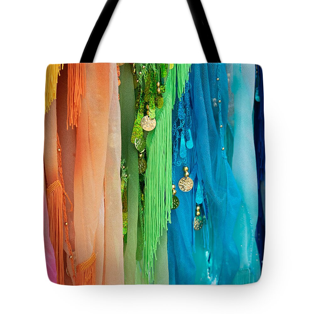 Scarf Tote Bag featuring the photograph Rainbow Scarves by Bonny Puckett