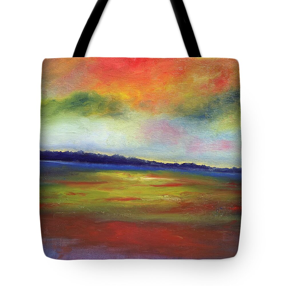 Rainbow Tote Bag featuring the painting Rainbow Sunset Reflections on the Water by Susan Grunin