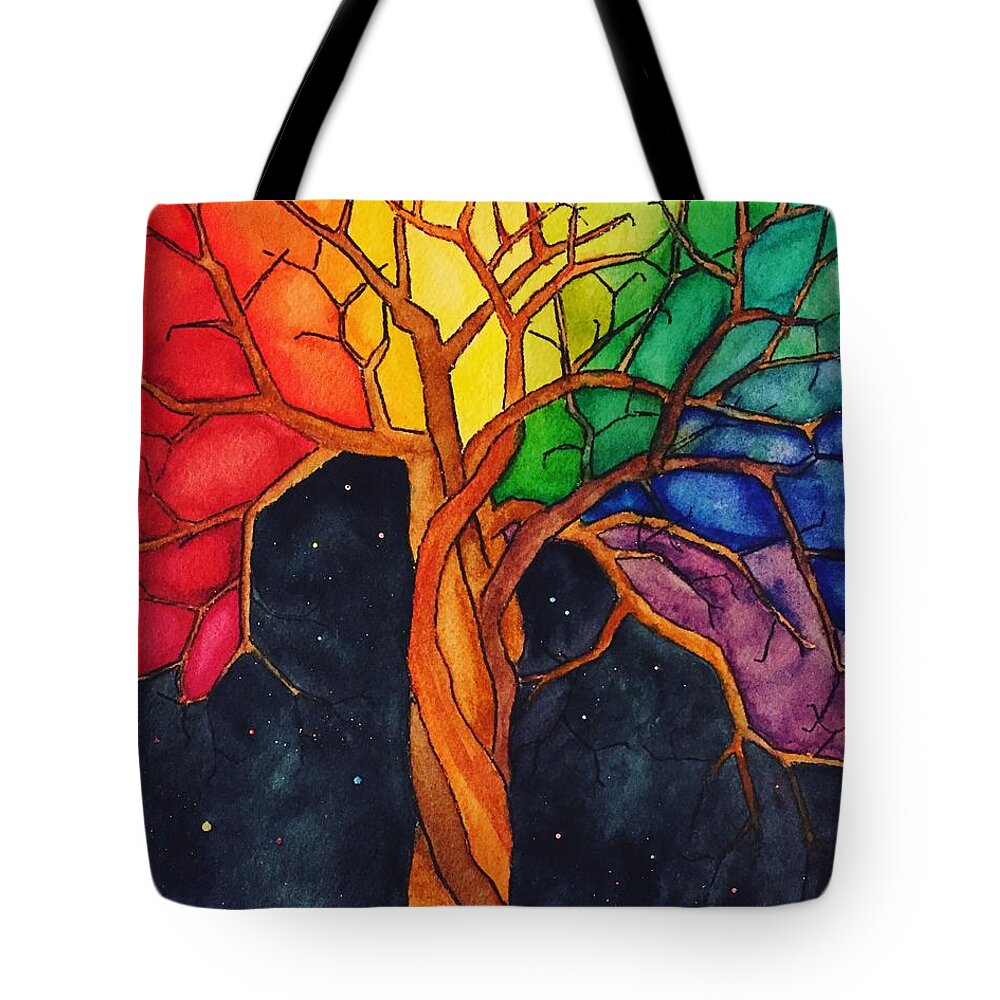 Rainbow Tote Bag featuring the painting Rainbow Tree with Night Sky by Vonda Drees