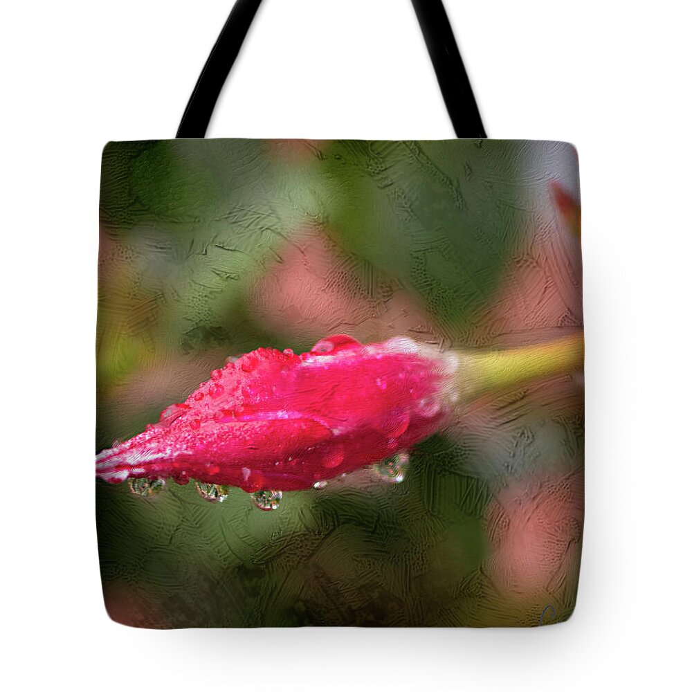 Raindrops Tote Bag featuring the photograph Raindrops on a red rose - Digital Painting by Cordia Murphy