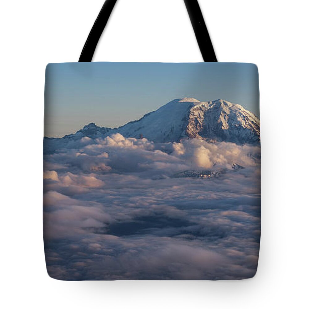 Mount Rainier Tote Bag featuring the photograph Rainier Hood Adams and St Helens from the Air by Mike Reid