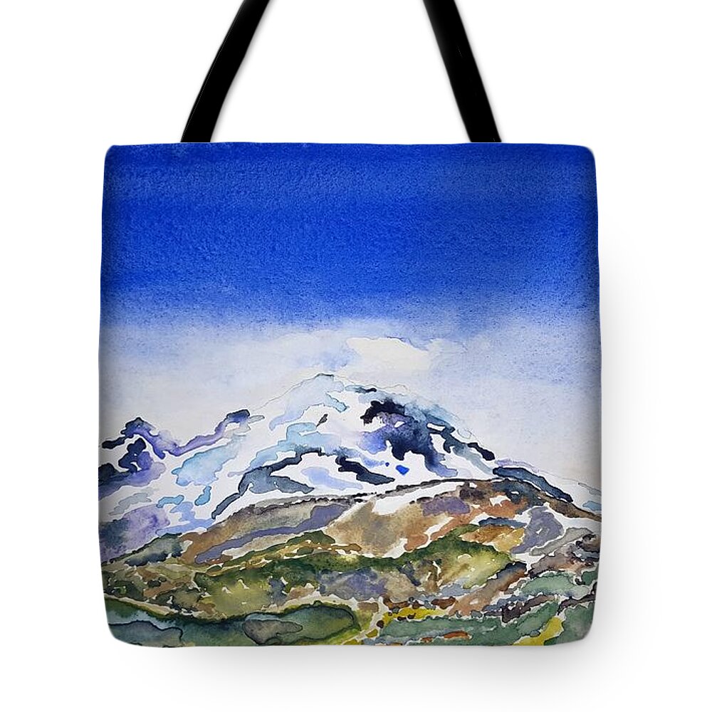 Watercolor Tote Bag featuring the painting Rainier Panorama by John Klobucher