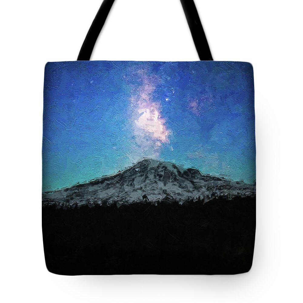 Rainier Under The Milky Way Tote Bag featuring the painting Rainier Under The Milky Way by Dan Sproul