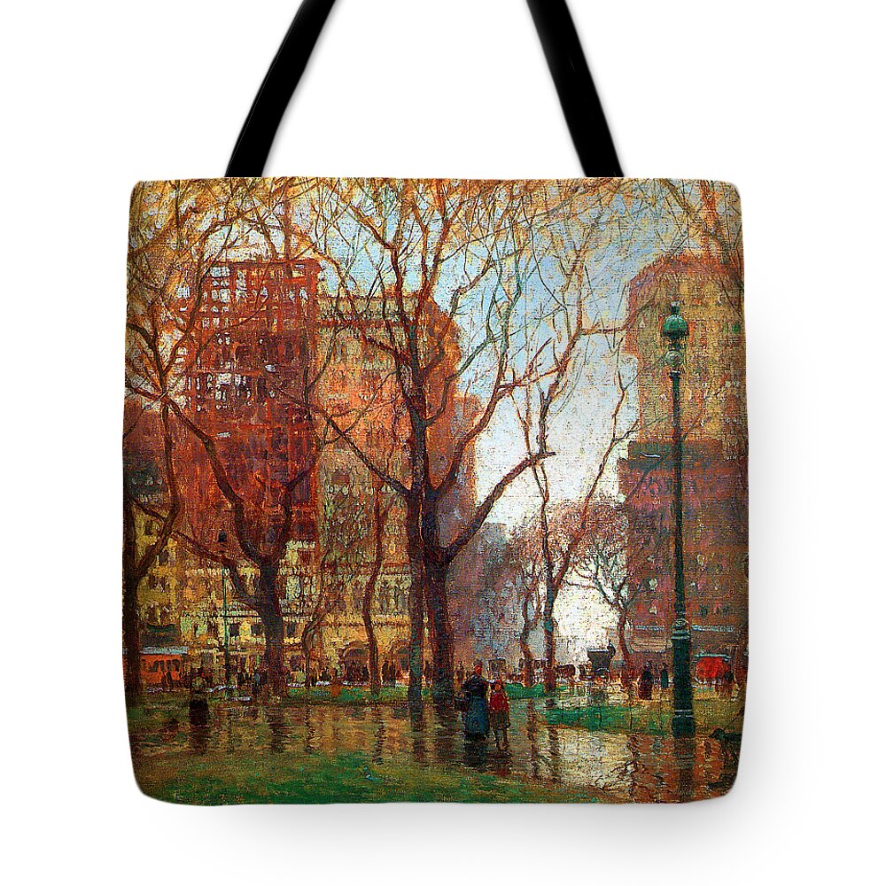 Cornoyer Tote Bag featuring the painting Rainy Day Madison Square New York 1907 by Paul Cornoyer