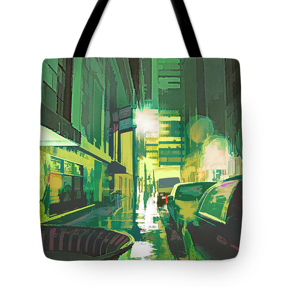 Pop Art Tote Bag featuring the digital art Rainy NY Night by Steve Ladner