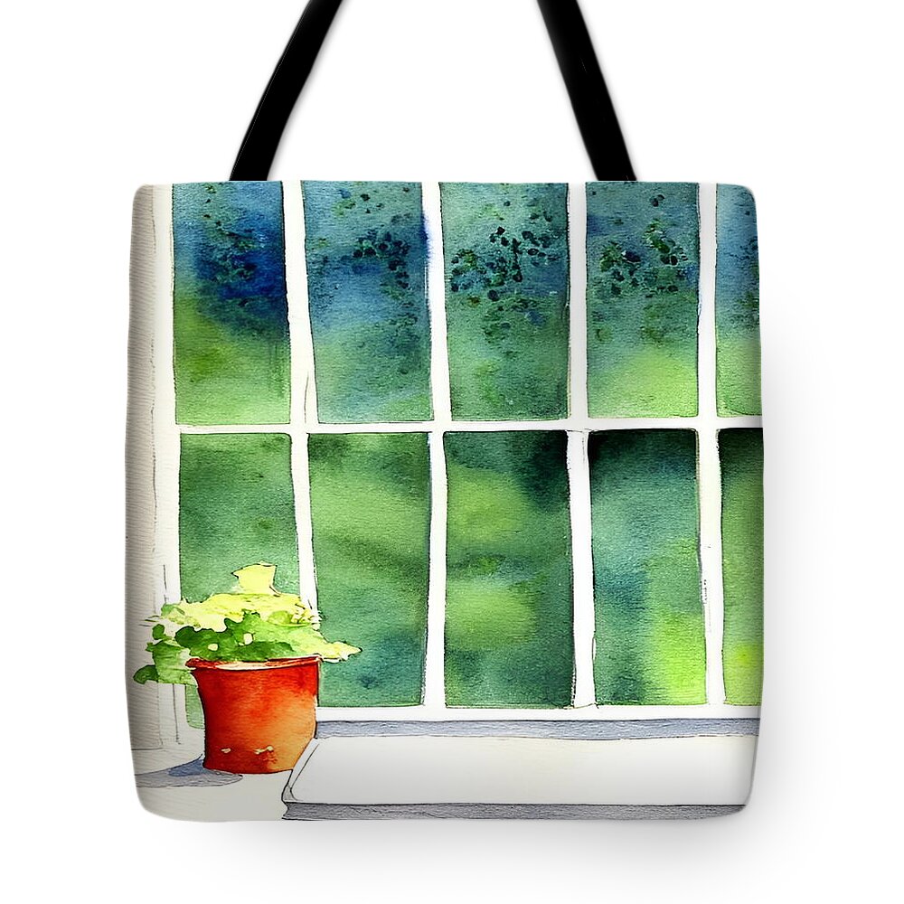 Windowsill Tote Bag featuring the painting Rainyday View by Bonnie Bruno