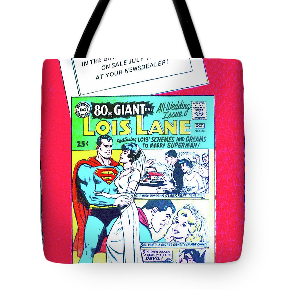 Superman Tote Bag featuring the photograph Rare 1968 add for the DC comics Superman wedding by David Lee Thompson