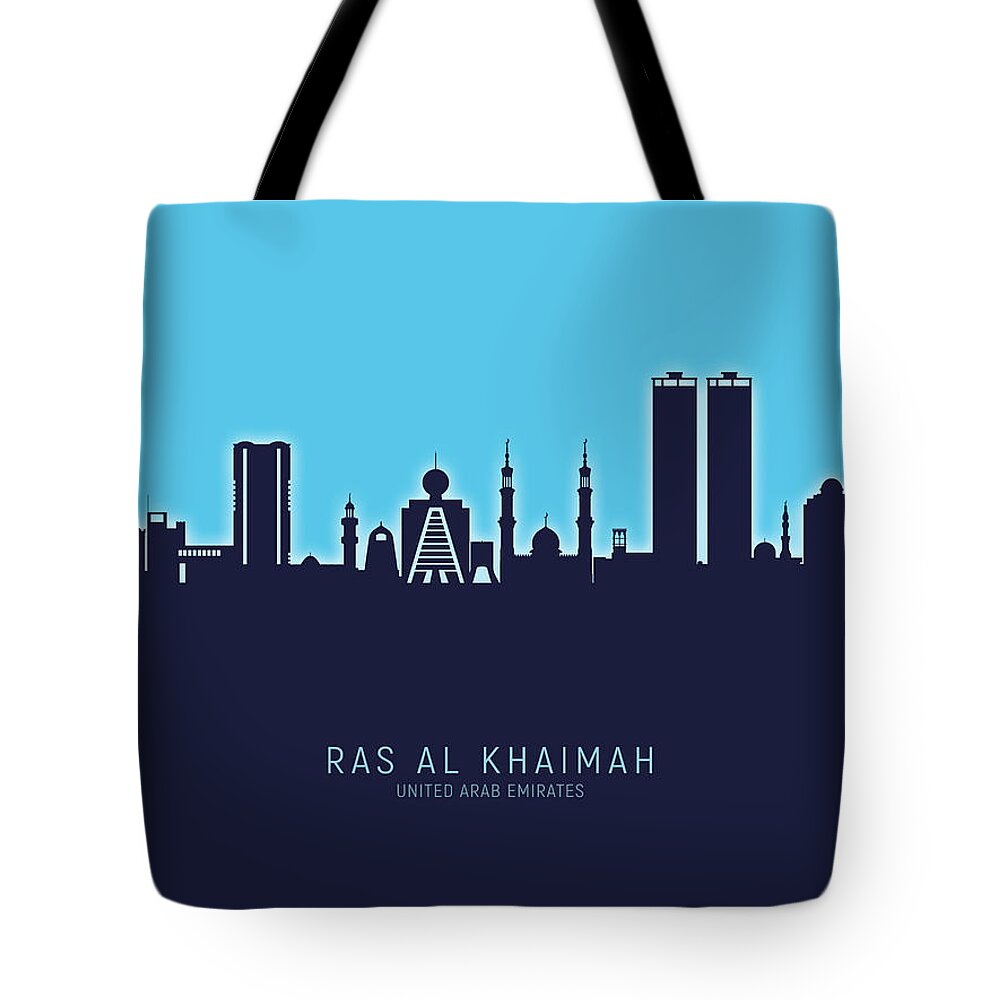Ras Al Khaimah Tote Bag featuring the digital art Ras Al Khaimah Skyline #62 by Michael Tompsett