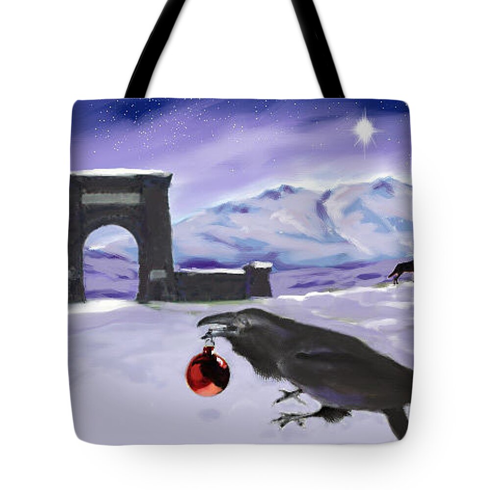 Raven Tote Bag featuring the digital art Raven and Wolf Christmas by Les Herman