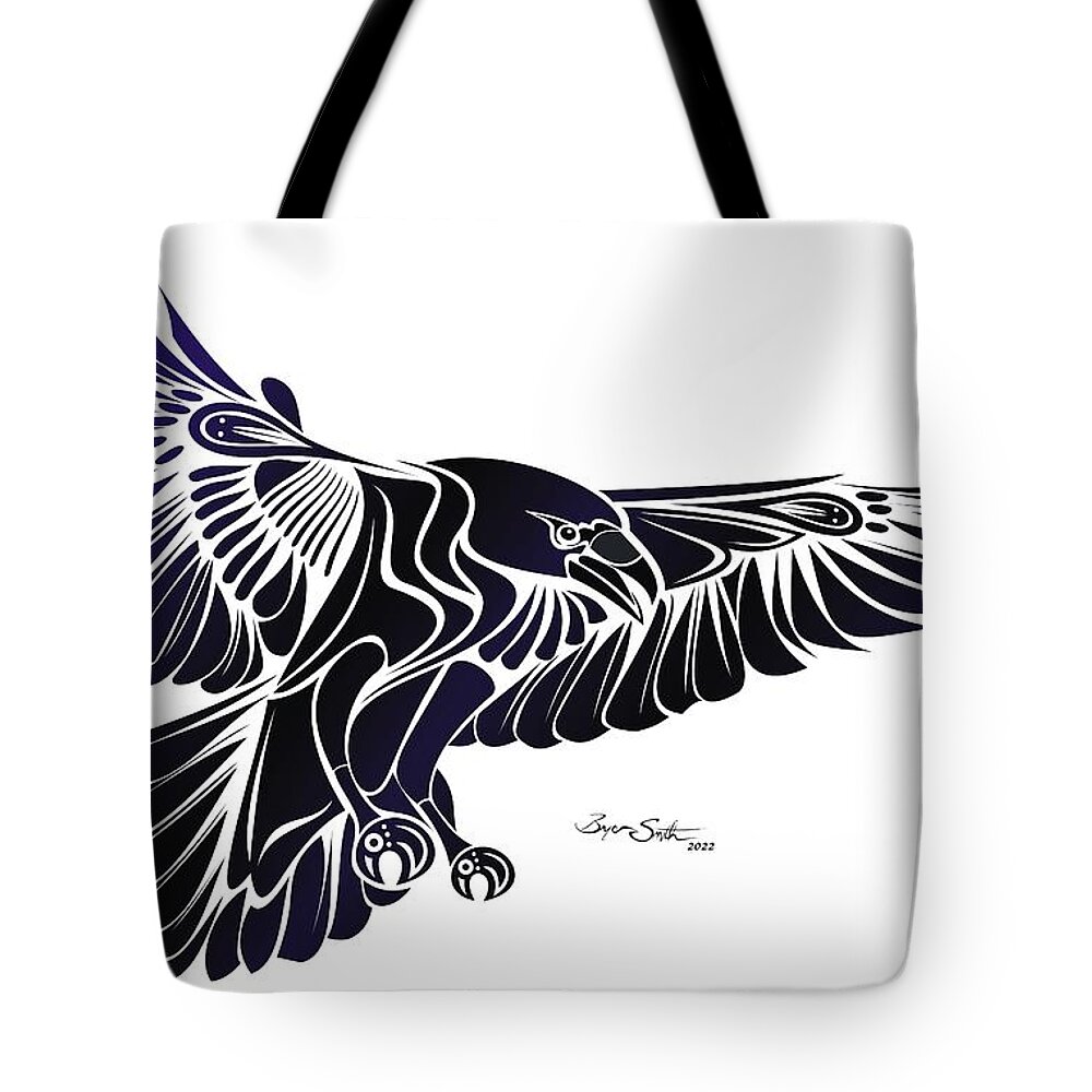 Raven Tote Bag featuring the digital art Raven Flight by Bryan Smith