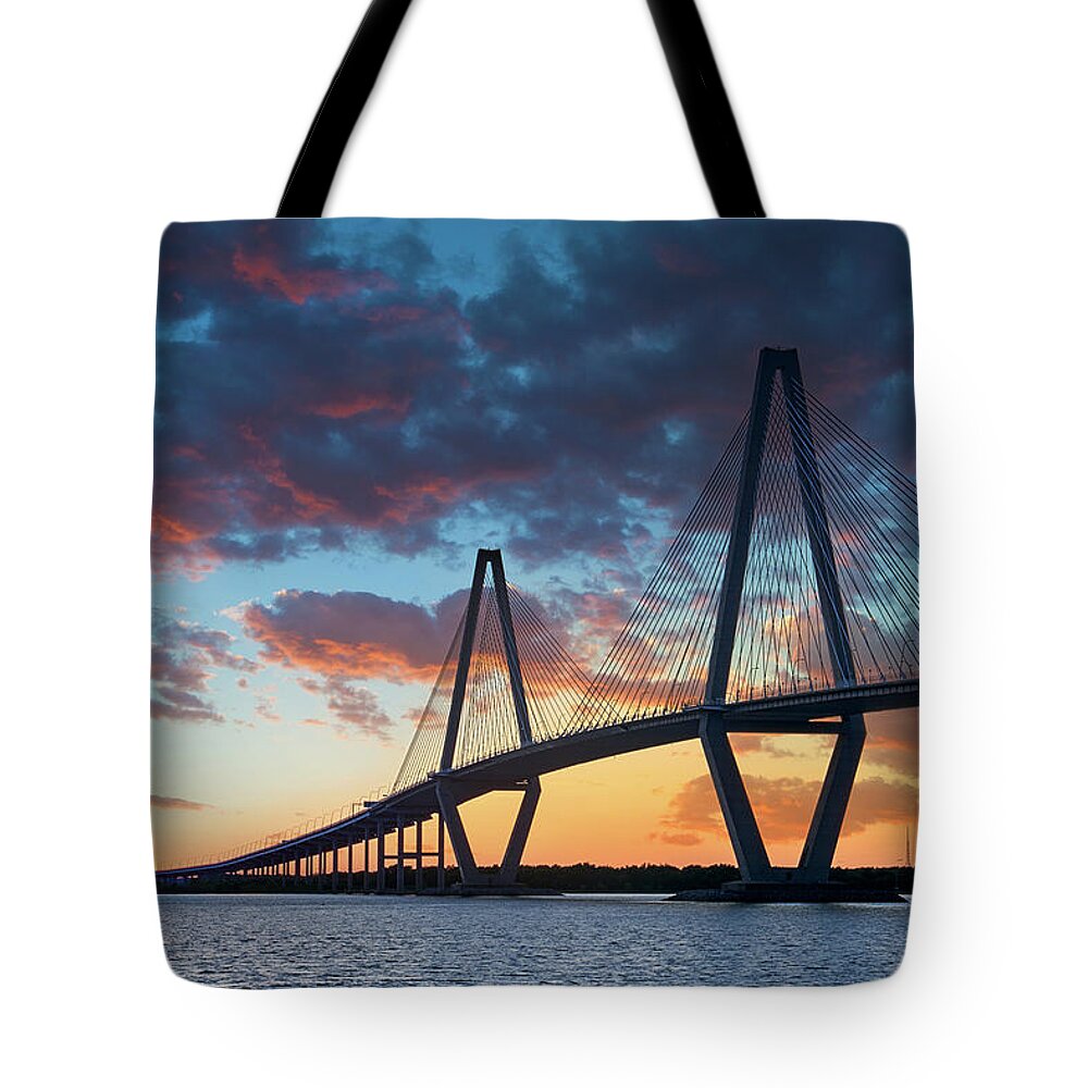 Charleston Tote Bag featuring the photograph Ravenel Bridge in Charleston by Jon Glaser