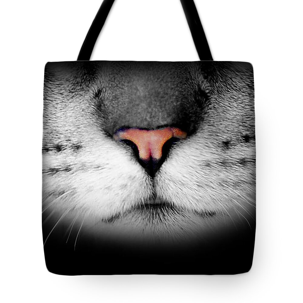 Cat Tote Bag featuring the digital art Realistic Cute Furry Cat Face by Laura Ostrowski