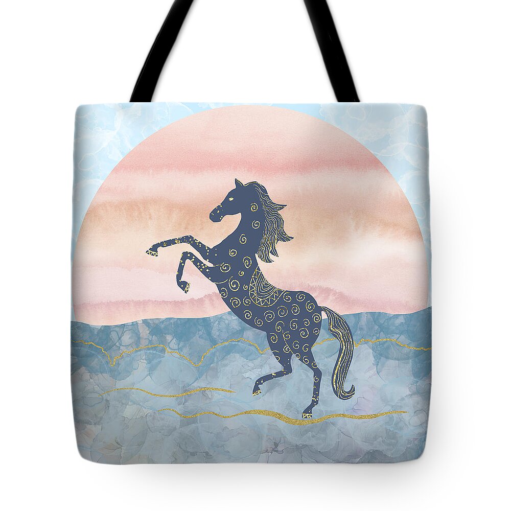 Rearing Horse Tote Bag featuring the digital art Rearing Horse in the Morning Sun - Gold Ornamental Theme by Andreea Dumez