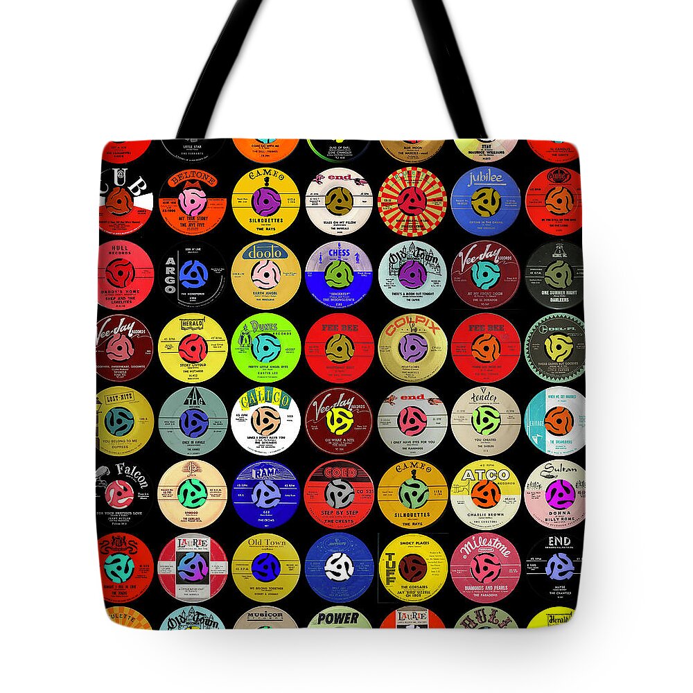 Album Covers Tote Bag featuring the mixed media Record Lables of the Doo Wop Generation by Pheasant Run Gallery