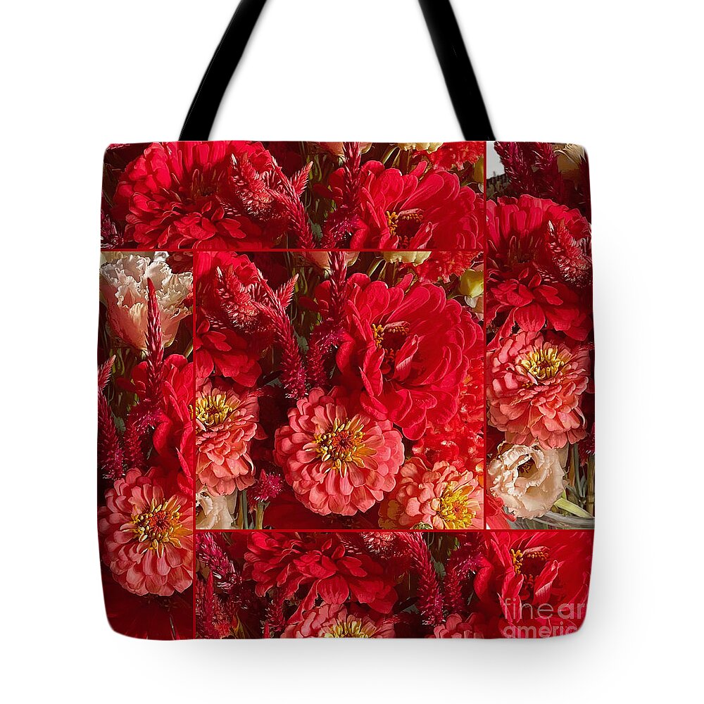 Red Flower Bouquet Tote Bag featuring the photograph Red and Coral Flowers Collage with Red Border by Carol Groenen