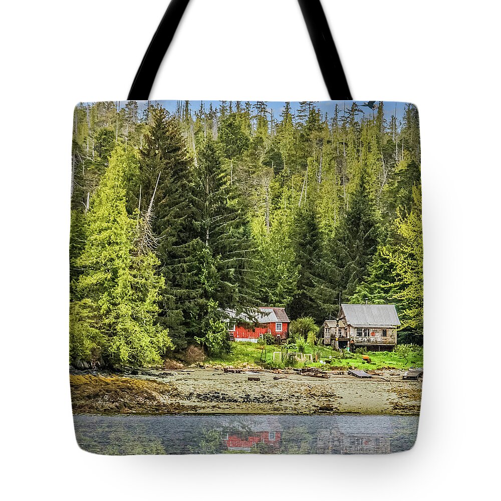 Alaska Tote Bag featuring the photograph Red and White Cabins on Alaska Shore by Darryl Brooks