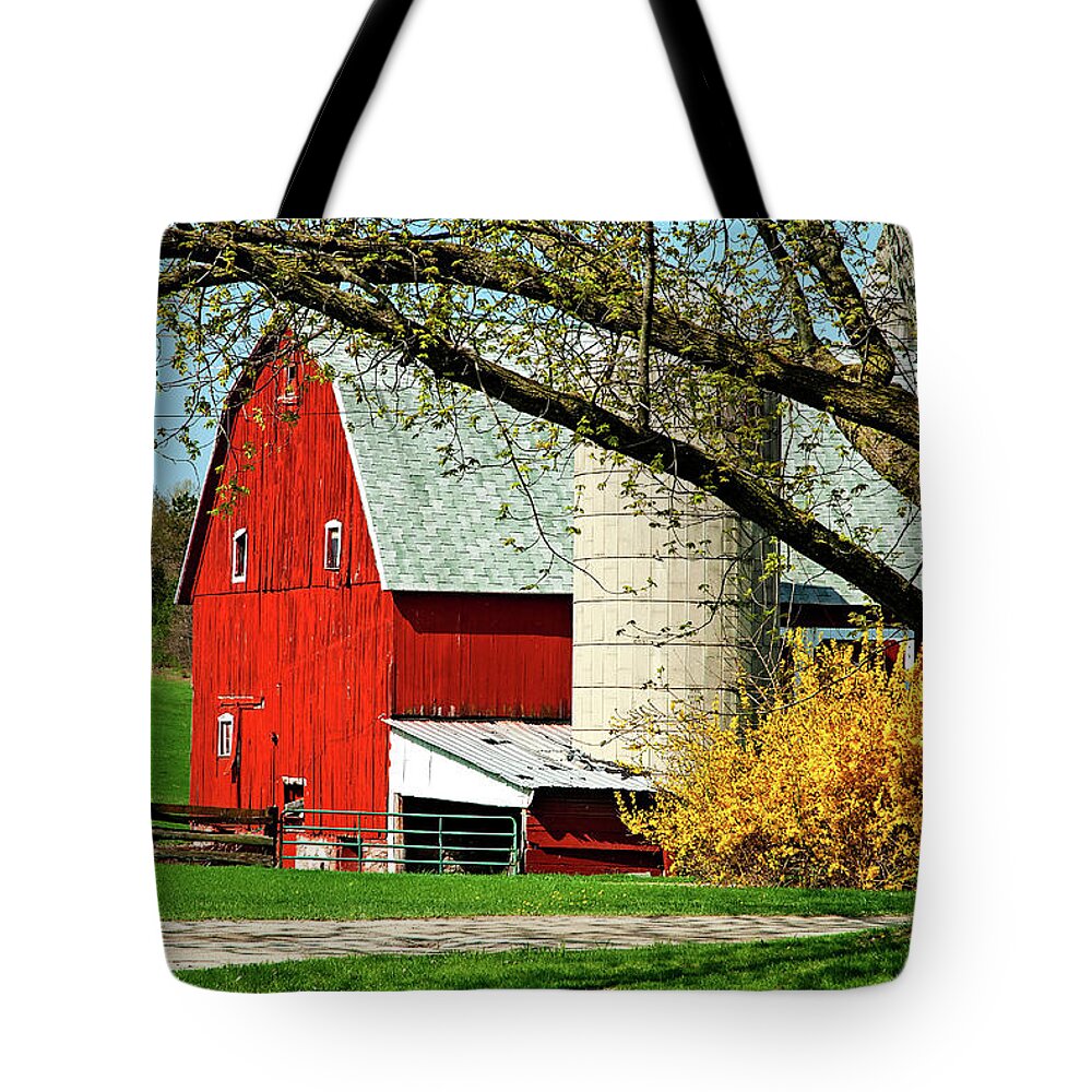 Red Barn Tote Bag featuring the photograph Red Barn in Spring by Jill Love