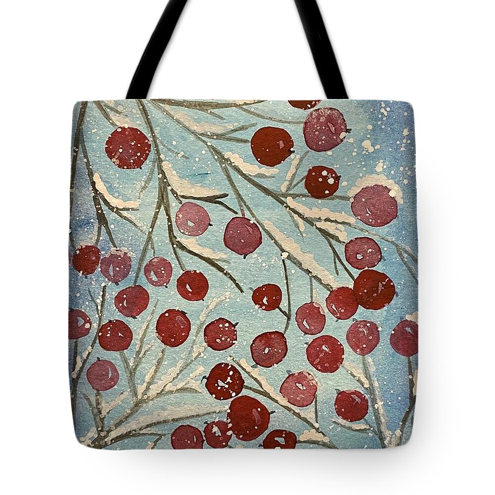 Red Berries Tote Bag featuring the painting Red Berries in Snow by Lisa Neuman