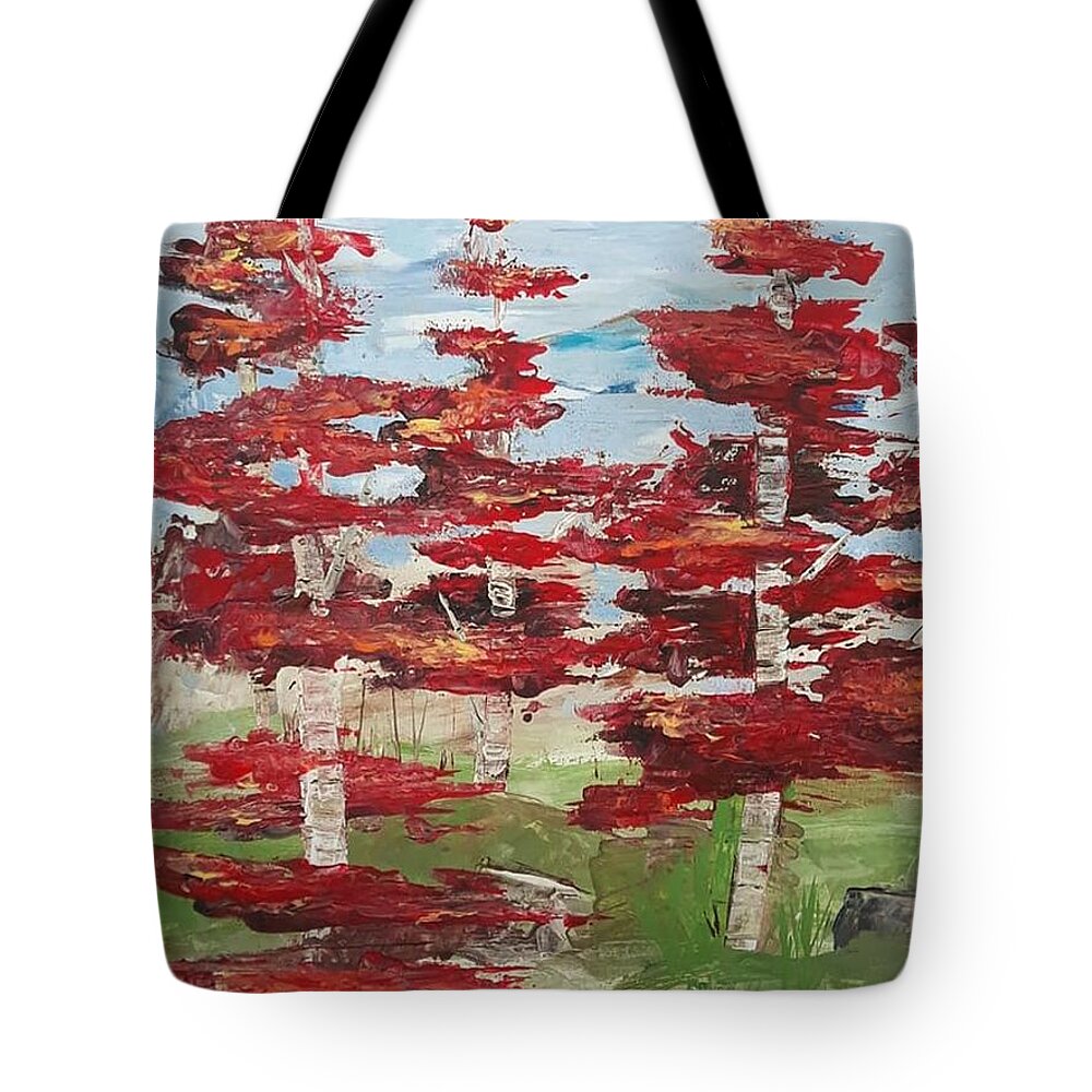 Red Tote Bag featuring the painting Red Birch by April Reilly