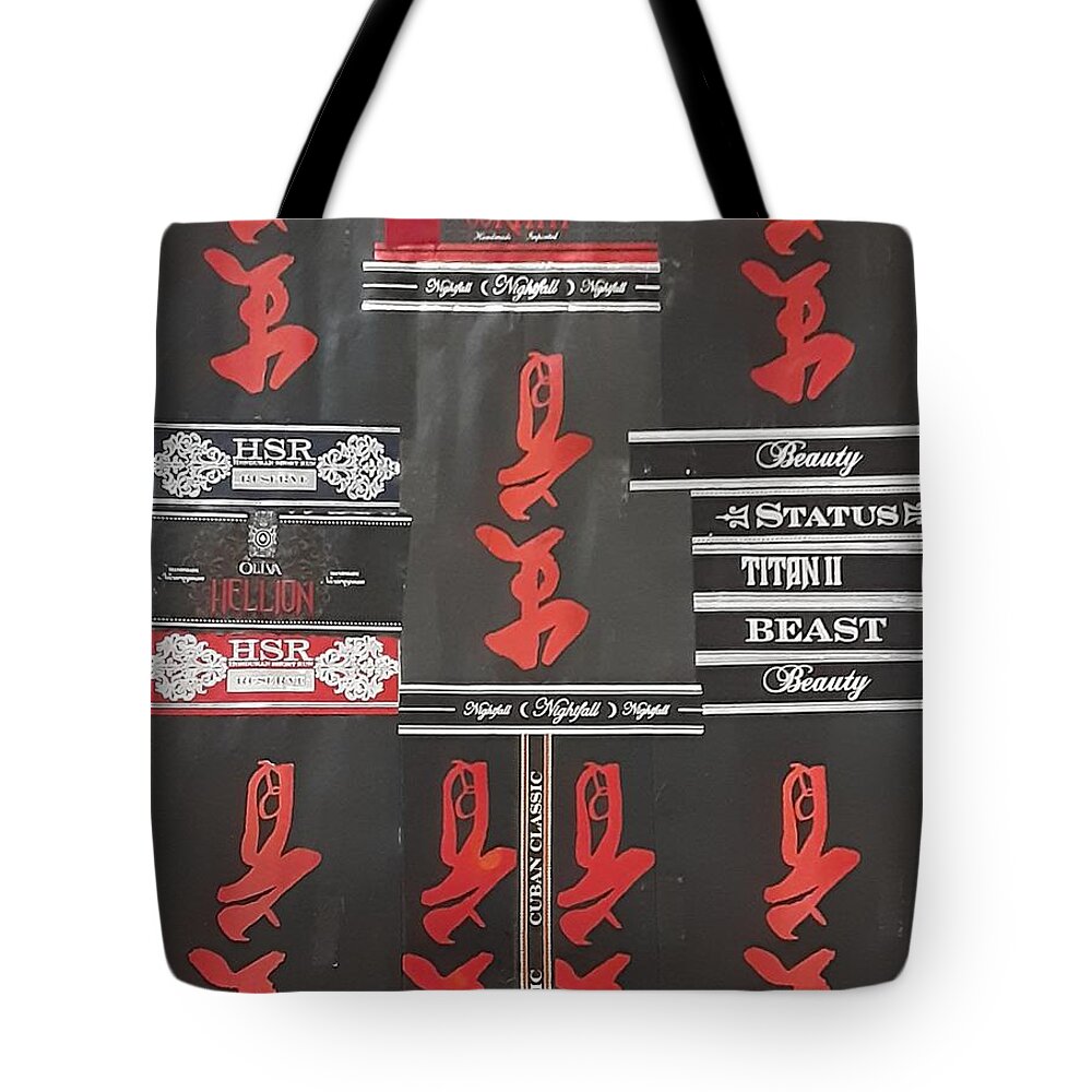 Red Tote Bag featuring the mixed media Red Black Silver by Nancy Graham