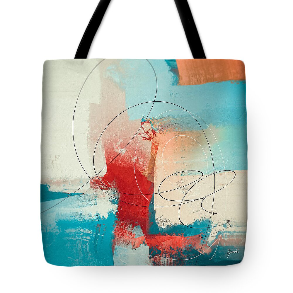 Red Tote Bag featuring the painting Red Blue And Beige Modern Abstract Painting by iAbstractArt